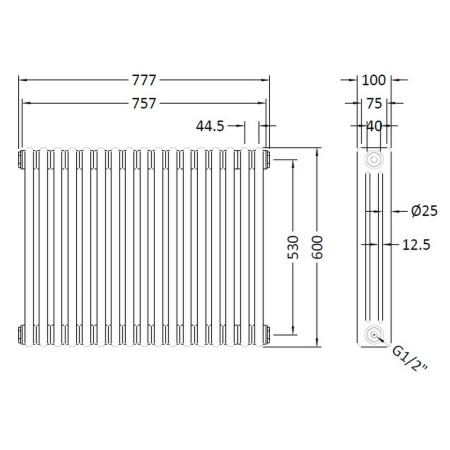 HX305 Nuie Colosseum Triple Panel Gloss White 600 x 777mm Horizontal Radiator Line Drawing