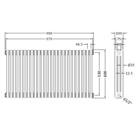HX306 Nuie Colosseum Triple Panel Gloss White 600 x 999mm Horizontal Radiator Line Drawing