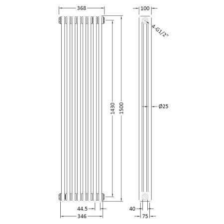 HX309 Nuie Colosseum Triple Panel Gloss White 1500 x 368mm Vertical Radiator Line Drawing