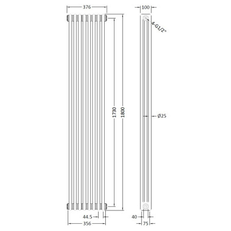 HX312 Nuie Colosseum Triple Panel Gloss White 1800 x 376mm Vertical Radiator Line Drawing
