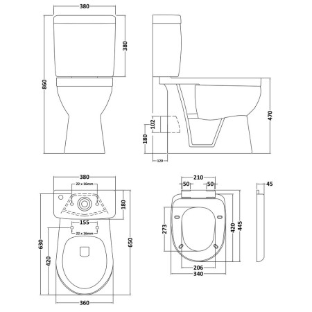 NCS500 Nuie Comfort Height Pan with Seat and Cistern Line Drawing
