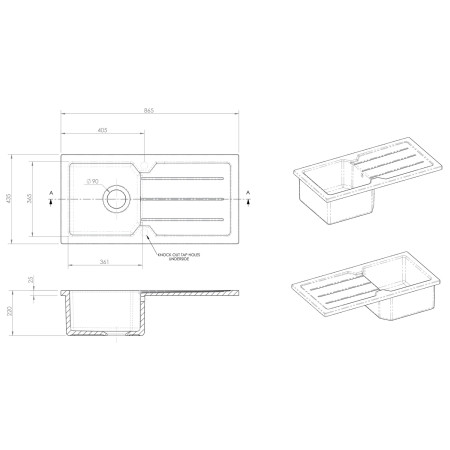 CT11TC865 Nuie Compact 865 x 435mm Fireclay Single Bowl Countertop Kitchen Sink Line Drawing