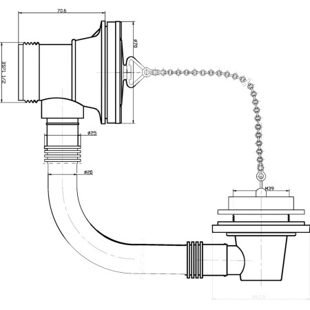 E309 Nuie Contract Plug and Chain Bath Waste with Overflow Line Drawing