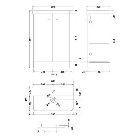 COR1406 Nuie Core 600mm Satin Anthracite Freestanding Vanity Unit With Basin Line Drawing