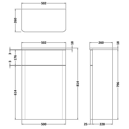 RC01441 Nuie Core Satin Anthracite 500mm WC Unit Line Drawing