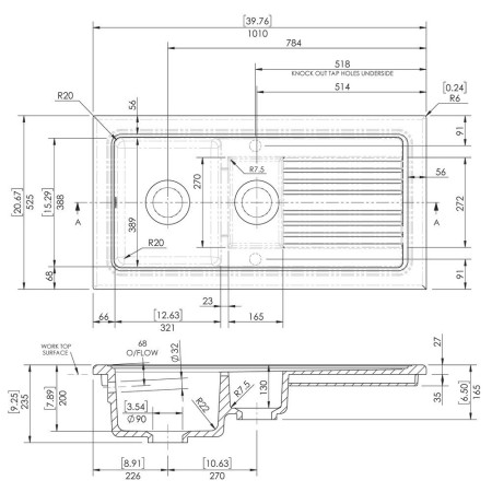 CT415T1000 Nuie Countertop 1010 x 525mm Matt Black Fireclay 1.5 Bowl Kitchen Sink Line Drawing