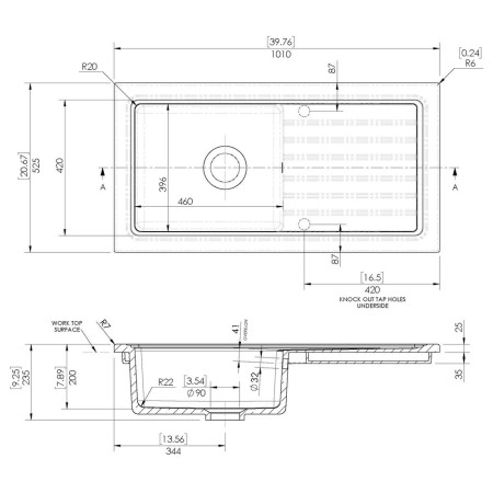 CT41T1010 Nuie Countertop 1010 x 525mm Matt Black Fireclay Kitchen Sink Line Drawing