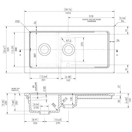 CT115TF1000 Nuie Countertop 1010 x 525mm White Fireclay 1.5 Bowl Kitchen Sink Line Drawing