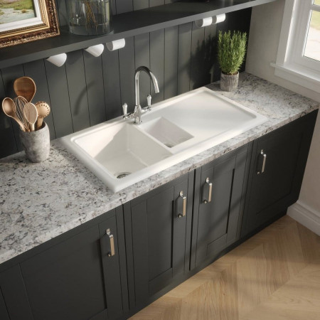 CT115TF1000 Nuie Countertop 1010 x 525mm White Fireclay 1.5 Bowl Kitchen Sink Lifestyle