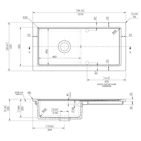 CT11TF1010 Nuie Countertop 1010 x 525mm White Fireclay Kitchen Sink Line Drawing