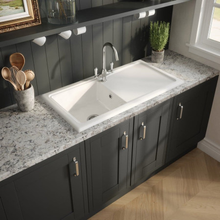 CT11TF1010 Nuie Countertop 1010 x 525mm White Fireclay Kitchen Sink Lifestyle
