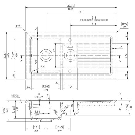 CT115T1000 Nuie Countertop White 1010 x 525mm Fireclay 1.5 Bowl Kitchen Sink Line Drawing