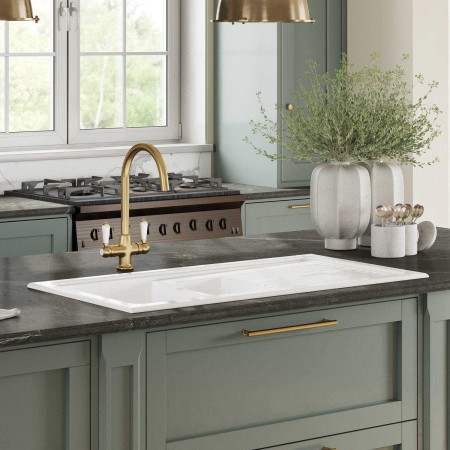 CT115T1000 Nuie Countertop White 1010 x 525mm Fireclay 1.5 Bowl Kitchen Sink with Brushed Brass Tap