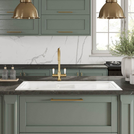 CT115T1000 Nuie Countertop White 1010 x 525mm Fireclay 1.5 Bowl Kitchen Sink Lifestyle