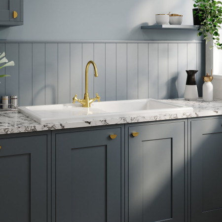 CT11T1010 Nuie Countertop White 1010 x 525mm Fireclay Kitchen Sink with Brushed Brass Tap