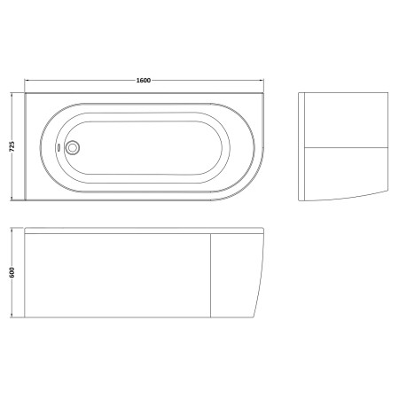 BSG004L Nuie Crescent 1600 x 725mm Left Hand Curved Corner Bath Line Drawing