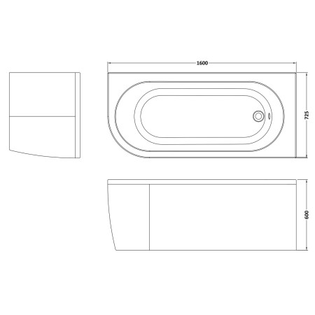 BSG004R Nuie Crescent 1600 x 725mm Right Hand Curved Corner Bath Line Drawing