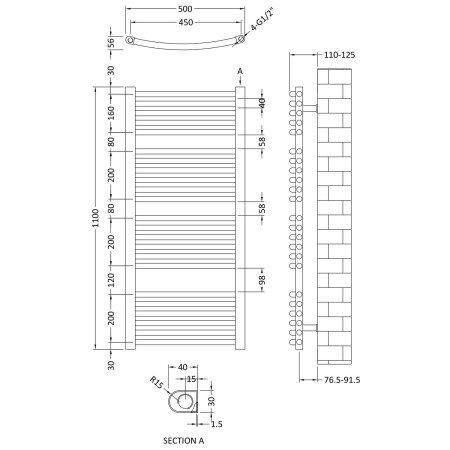 MTY104 Nuie Crescent Anthracite 1150 x 500mm Curved Ladder Rail Line Drawing