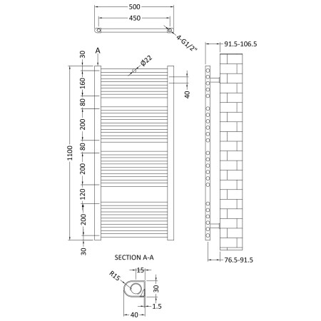 MTY105 Nuie Crescent Anthracite 1150 x 500mm Straight Ladder Rail Line Drawing