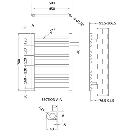 MTY103 Nuie Crescent Anthracite 700 x 500mm Straight Ladder Rail Line Drawing
