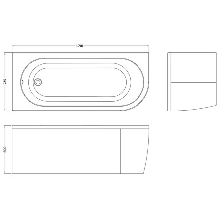 BSG005L Nuie Crescent Left Handed 1700 x 725mm Back to Wall Corner Bath Line Drawing
