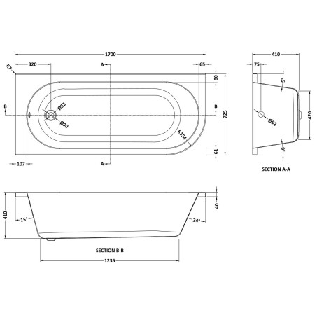 NBH209L Nuie Crescent Left Handed Curved Corner 1700 x 725mm Bath Line Drawing