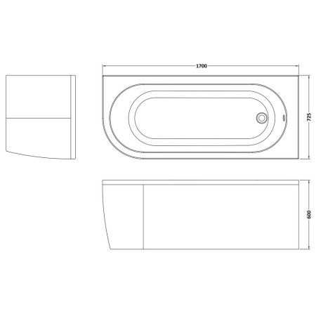 BSG005R Nuie Crescent Right Handed 1700 x 725mm Back to Wall Corner Bath Line Drawing