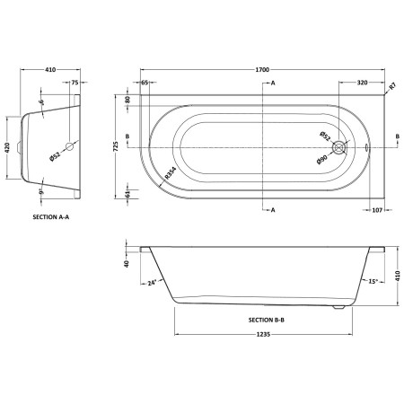 NBH209R Nuie Crescent Right Handed Curved Corner 1700 x 725mm Bath Line Drawing