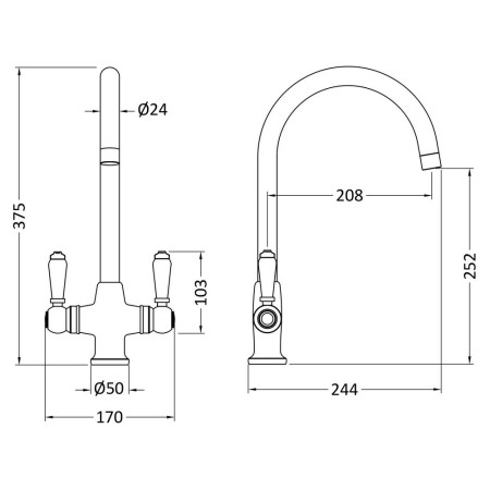 KB604 Nuie Cruciform Kitchen Sink Mixer in Brushed Nickel Line Drawing