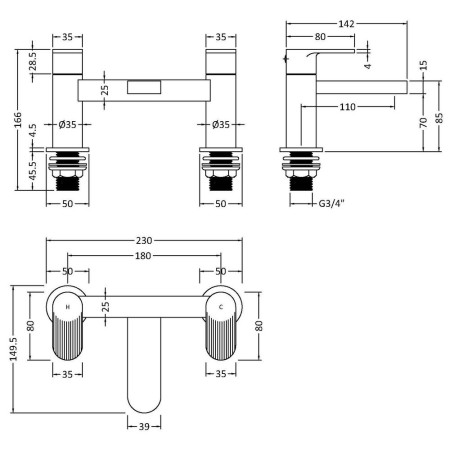 BIN403F Nuie Cyprus Fluted Black Bath Filler Line Drawing
