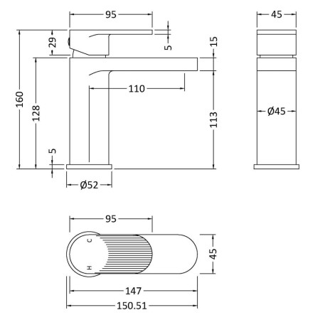 BIN405F Nuie Cyprus Fluted Black Mono Basin Mixer with Waste Line Drawing