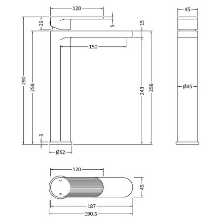BIN470F Nuie Cyprus Fluted Black Tall Mono Basin Mixer Line Drawing