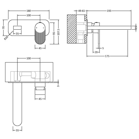 BIN428F Nuie Cyprus Fluted Black Wall Mounted Basin Mixer Line Drawing