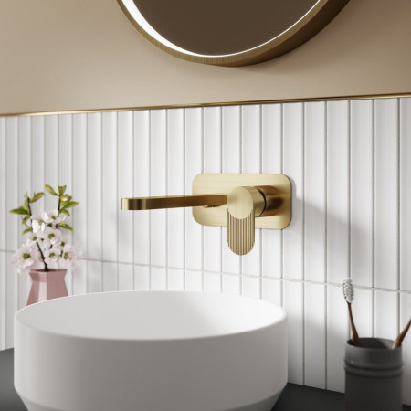 BIN828F Nuie Cyprus Fluted Brushed Brass Wall Mounted Basin Mixer Lifestyle