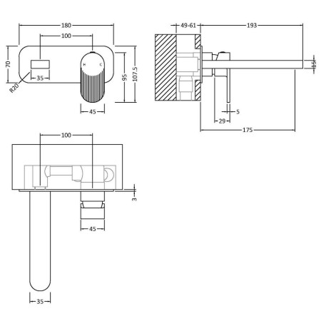 BIN828F Nuie Cyprus Fluted Brushed Brass Wall Mounted Basin Mixer Line Drawing