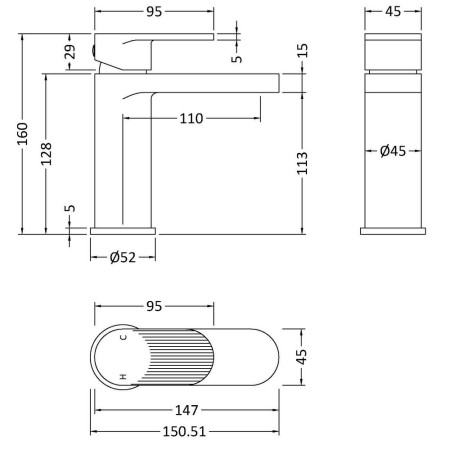 BIN1505F Nuie Cyprus Fluted Brushed Bronze Mono Basin Mixer with Waste Line Drawing