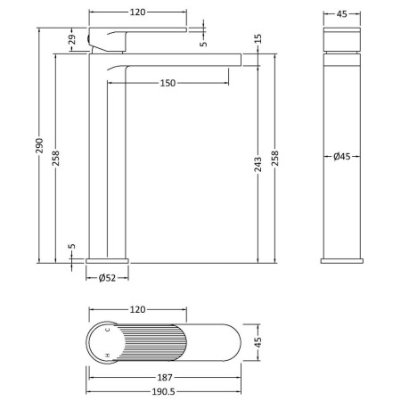 BIN1570F Nuie Cyprus Fluted Brushed Bronze Tall Mono Basin Mixer Line Drawing