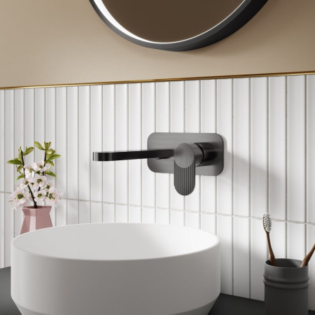 BIN7282 Nuie Cyprus Fluted Brushed Pewter Wall Mounted Basin Mixer Lifestyle