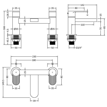 BIN303F Nuie Cyprus Fluted Chrome Bath Filler Line Drawing