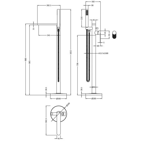 BIN321F Nuie Cyprus Fluted Chrome Freestanding Bath Shower Mixer Line Drawing