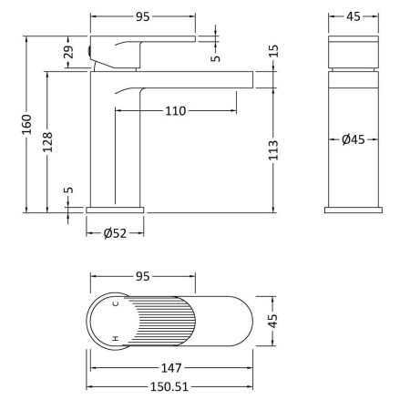 BIN305F Nuie Cyprus Fluted Chrome Mono Basin Mixer with Waste Line Drawing
