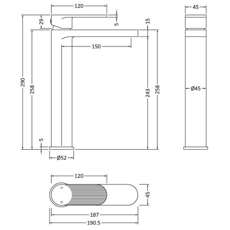 BIN370F Nuie Cyprus Fluted Chrome Tall Mono Basin Mixer Line Drawing