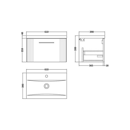 DPF394 Nuie Deco 600mm Blue 1 Drawer Wall Hung Unit With Basin Line Drawing