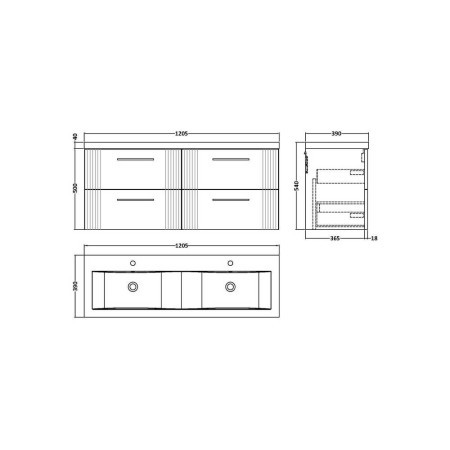 DPF193F Nuie Deco 1200mm White 4-Drawer Wall Hung Unit With Twin Basin (2)