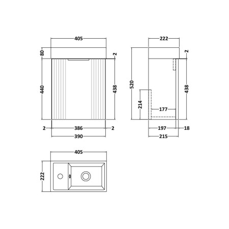 FLT190 Nuie Deco 400mm White Compact Wall Hung Vanity Unit with Basin Line Drawing