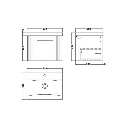 DPF891 Nuie Deco 500mm Green 1 Drawer Wall Hung Unit With Basin Line Drawing