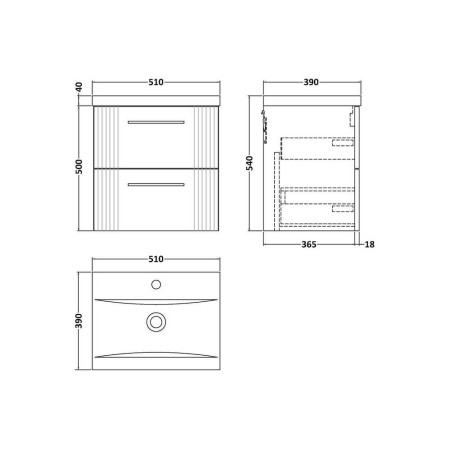 DPF292 Nuie Deco 500mm Grey 2 Drawer Wall Hung Unit With Basin Line Drawing