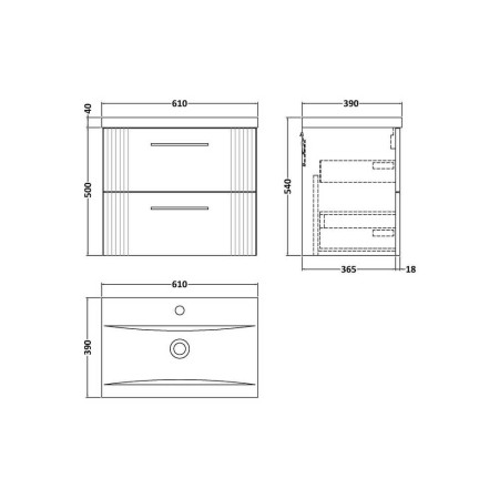 DPF893 Nuie Deco 600mm Green 2 Drawer Wall Hung Unit With Basin Line Drawing