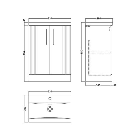 DPF325A Nuie Deco 600mm Blue Floor Standing Unit with Basin Line Drawing