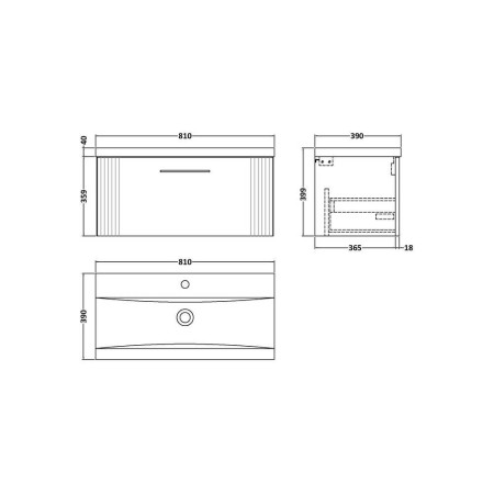 DPF196 Nuie Deco 800mm White 1 Drawer Wall Hung Unit With Basin Line Drawing
